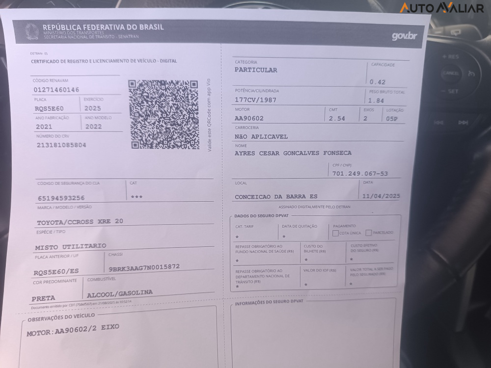 TOYOTA COROLLA CROSS 2.0 VVT-IE FLEX XRE DIRECT SHIFT