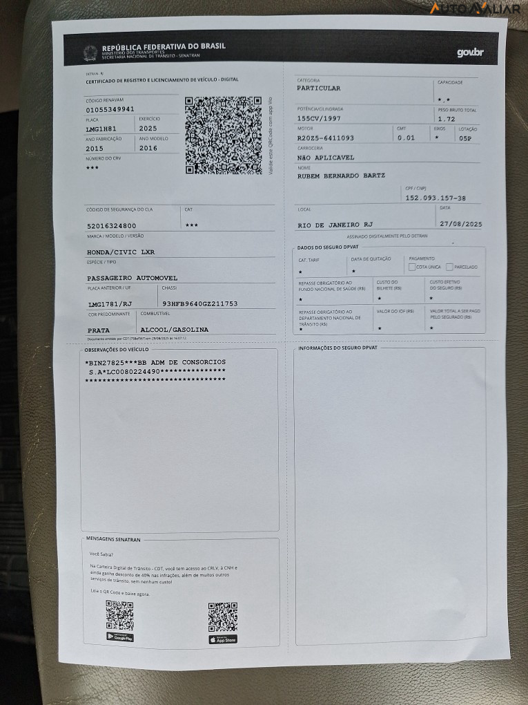 HONDA CIVIC 2.0 LXR 16V FLEX 4P AUTOMATICO